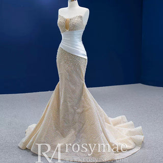 Gorgeous Champagne Pearl Lace Rhinestone Wedding Dress - Rosymae