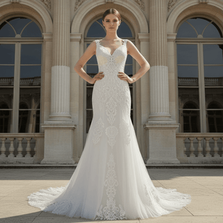 Gorgeous Fit and Flare Capped Floral Lace Wedding Dress - Rosymae