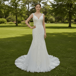 Gorgeous Fit and Flare Capped Floral Lace Wedding Dress - Rosymae