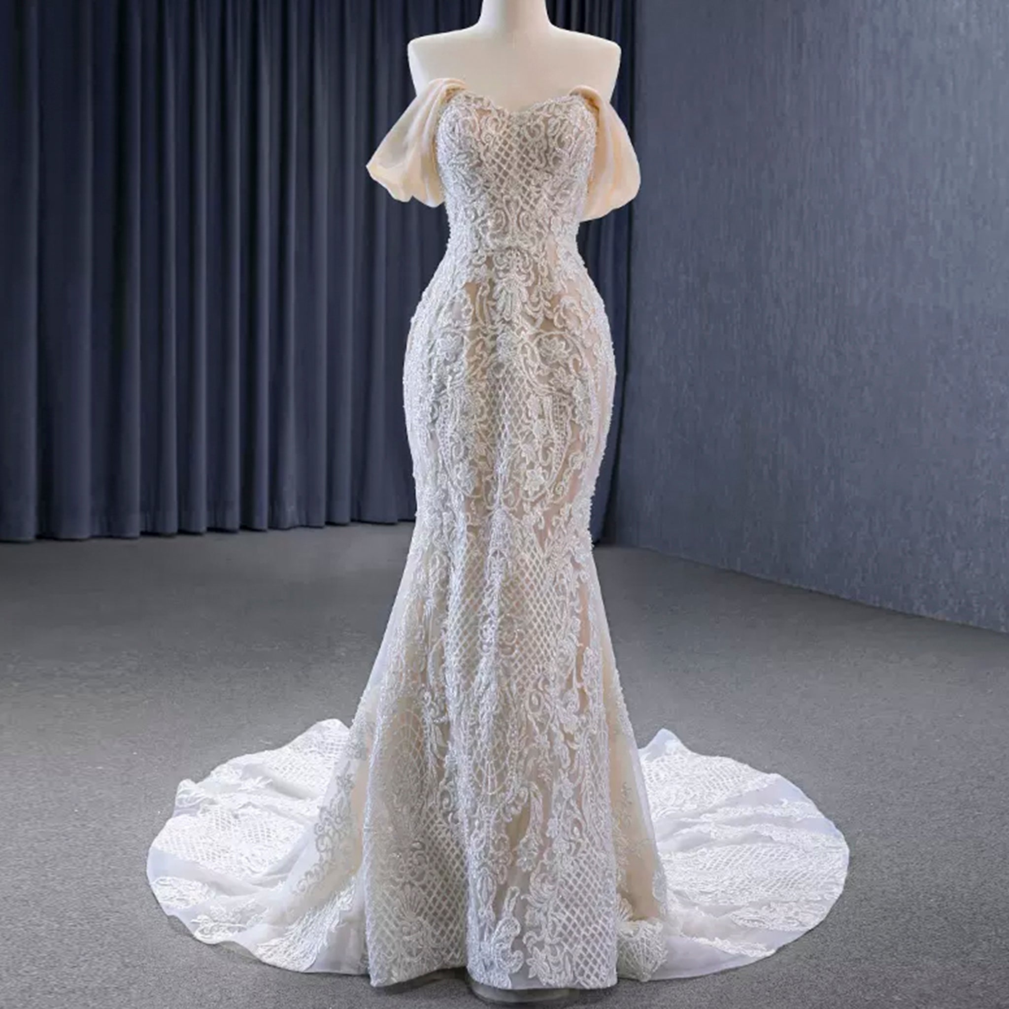 Gorgeous Handmade Beading Lace Beige Wedding Dress - Rosymae