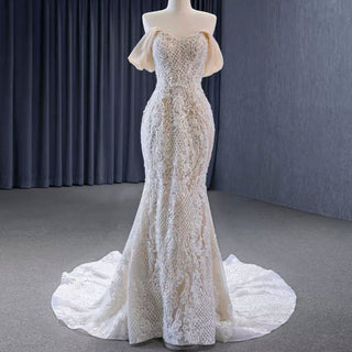 Gorgeous Handmade Beading Lace Beige Wedding Dress - Rosymae