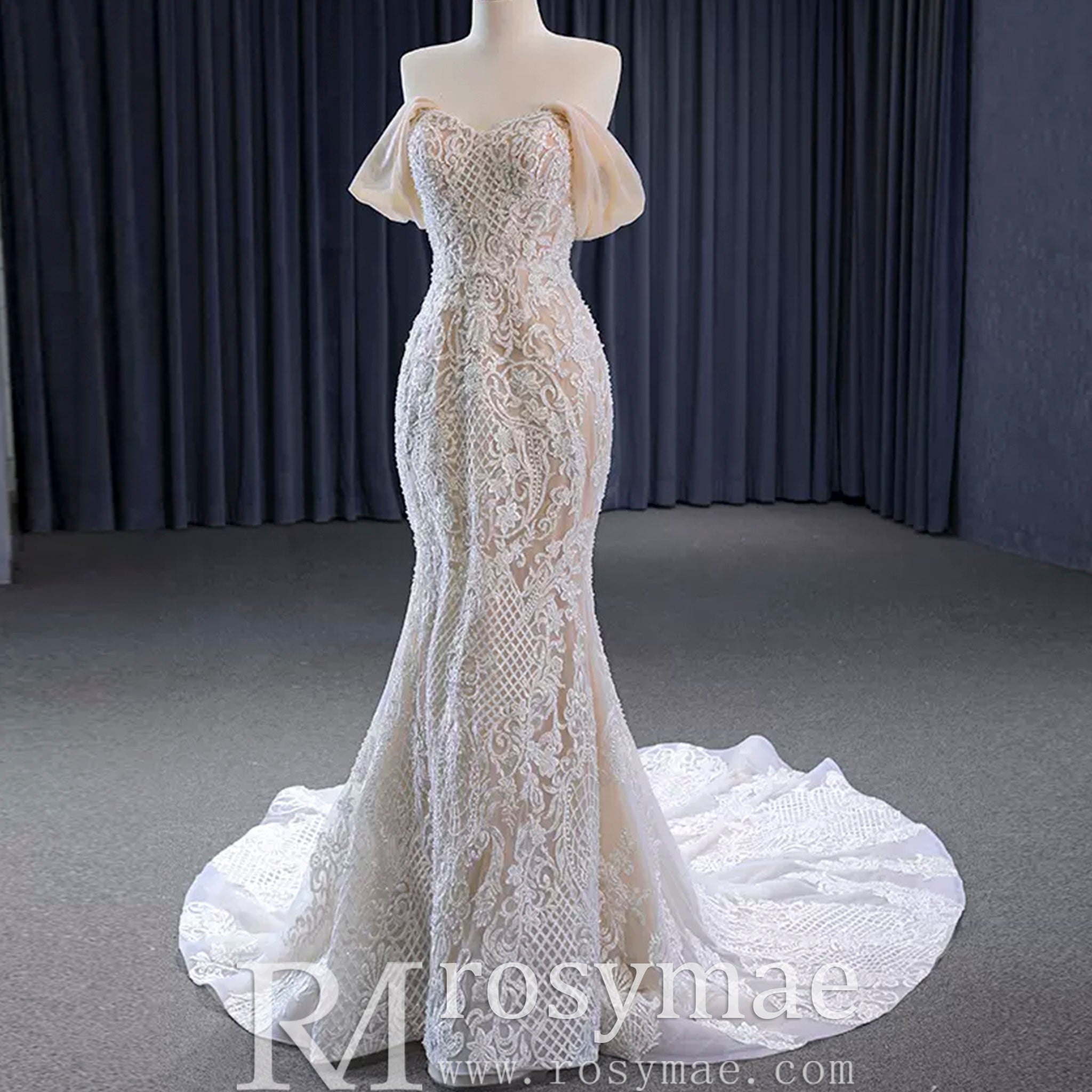 Gorgeous Handmade Beading Lace Beige Wedding Dress - Rosymae