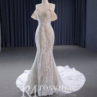 Gorgeous Handmade Beading Lace Beige Wedding Dress - Rosymae
