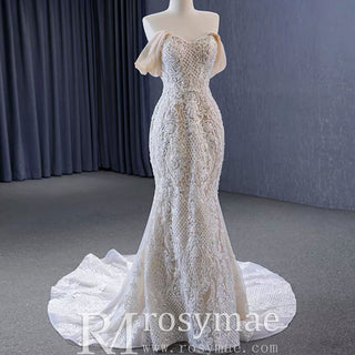 Gorgeous Handmade Beading Lace Beige Wedding Dress - Rosymae