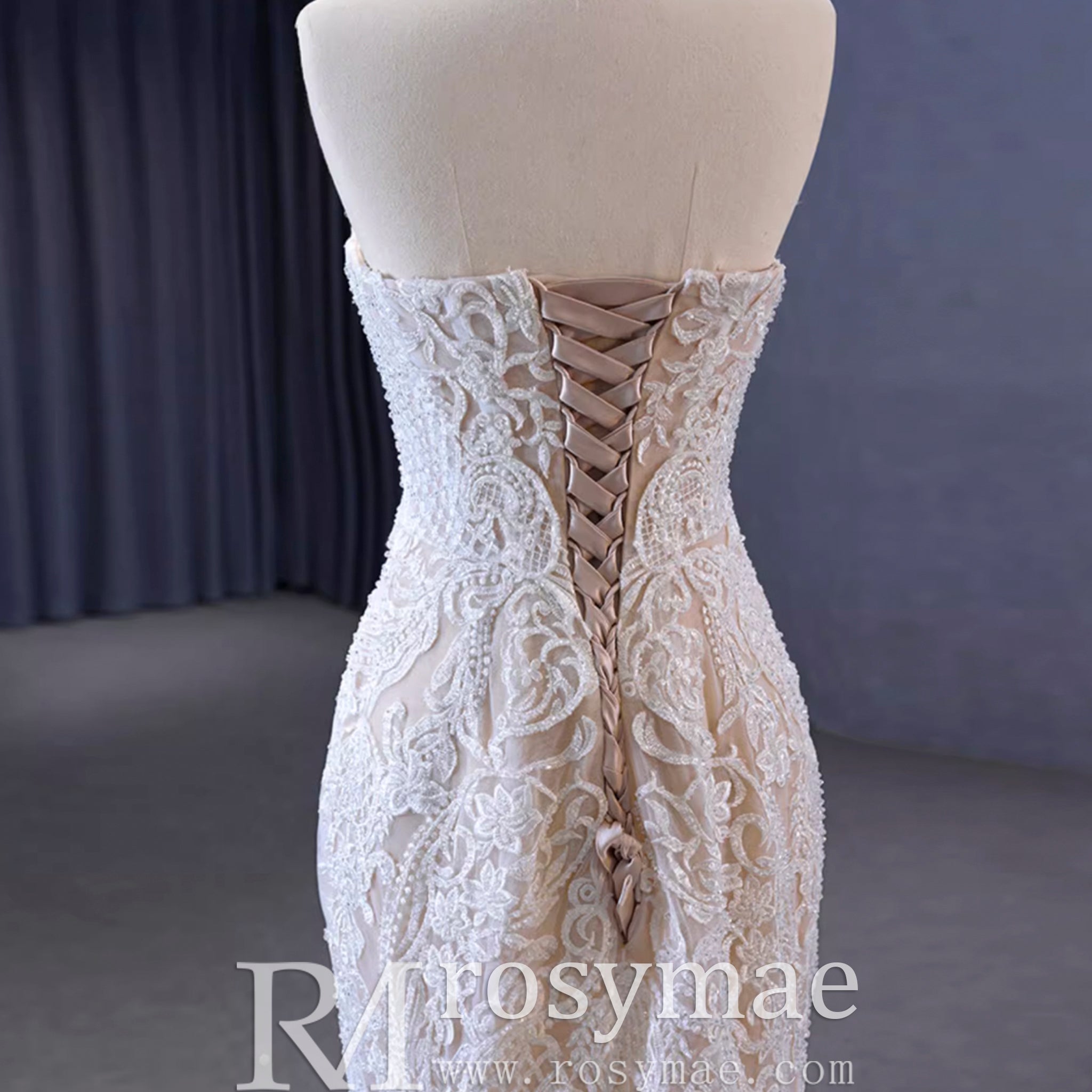 Gorgeous Handmade Beading Lace Beige Wedding Dress - Rosymae
