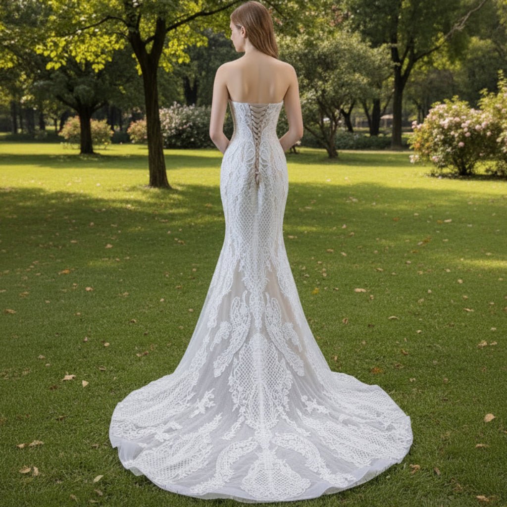 Gorgeous Handmade Beading Lace Beige Wedding Dress - Rosymae