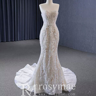 Gorgeous Handmade Beading Lace Beige Wedding Dress - Rosymae