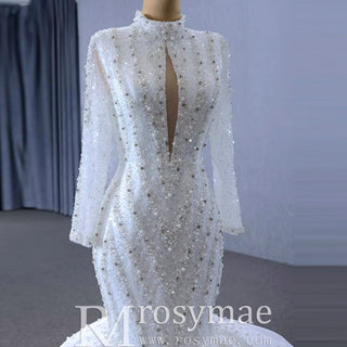 Gorgeous Handmade High Neck Trumpet Wedding Dress with Keyhole - Rosymae
