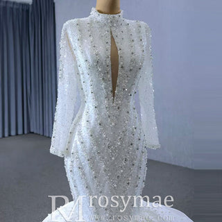 Gorgeous Handmade High Neck Trumpet Wedding Dress with Keyhole - Rosymae