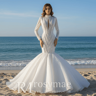 Gorgeous Handmade High Neck Trumpet Wedding Dress with Keyhole - Rosymae
