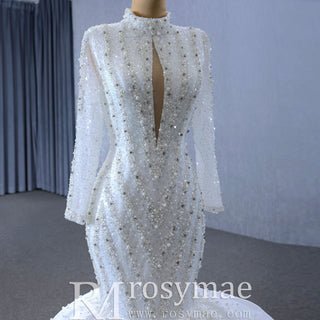 Gorgeous Handmade High Neck Trumpet Wedding Dress with Keyhole - Rosymae