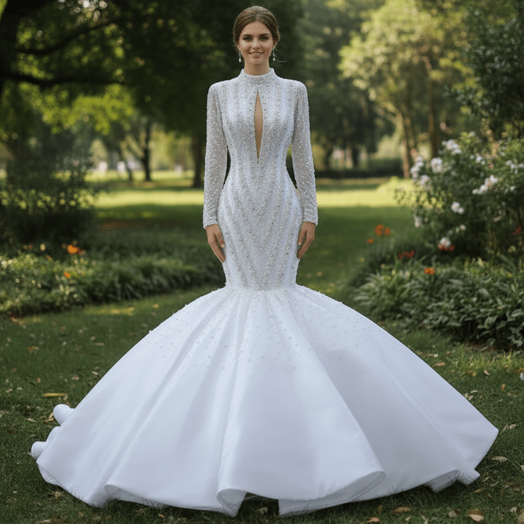 Gorgeous Handmade High Neck Trumpet Wedding Dress with Keyhole - Rosymae