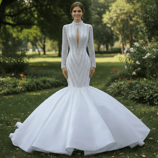 Gorgeous Handmade High Neck Trumpet Wedding Dress with Keyhole - Rosymae