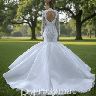 Gorgeous Handmade High Neck Trumpet Wedding Dress with Keyhole - Rosymae