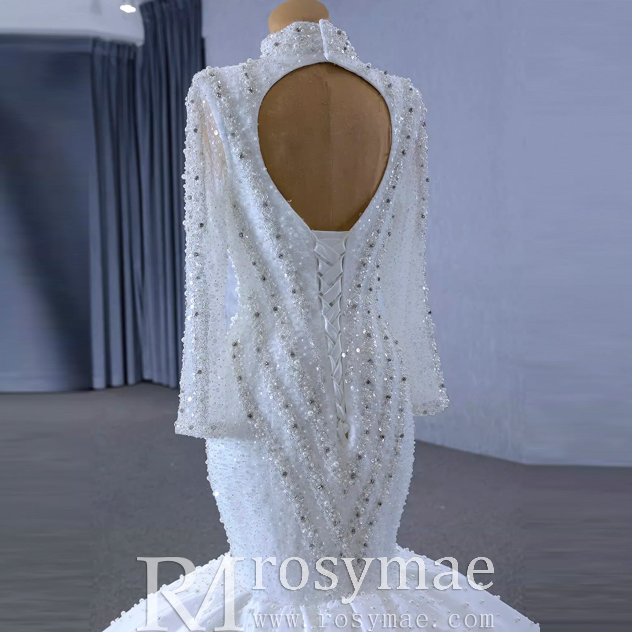 Gorgeous Handmade High Neck Trumpet Wedding Dress with Keyhole - Rosymae