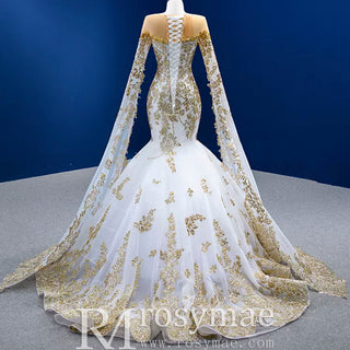 Gorgeous High-end Trumpet Wedding Dress with Long Cape Sleeve - Rosymae