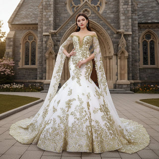 Gorgeous High-end Trumpet Wedding Dress with Long Cape Sleeve - Rosymae