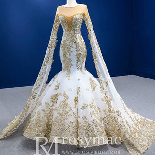 Gorgeous High-end Trumpet Wedding Dress with Long Cape Sleeve - Rosymae