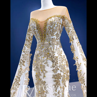 Gorgeous High-end Trumpet Wedding Dress with Long Cape Sleeve - Rosymae