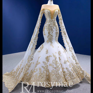 Gorgeous High-end Trumpet Wedding Dress with Long Cape Sleeve - Rosymae