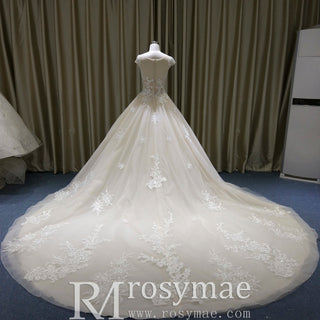 Gorgeous Light Champagne Ball Gown Wedding Dress with Cap Sleeve - Rosymae