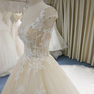 Gorgeous Light Champagne Ball Gown Wedding Dress with Cap Sleeve - Rosymae