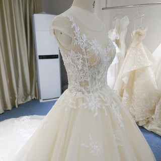Gorgeous Light Champagne Ball Gown Wedding Dress with Cap Sleeve - Rosymae