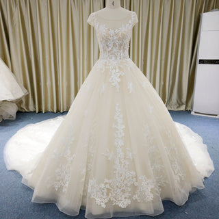 Gorgeous Light Champagne Ball Gown Wedding Dress with Cap Sleeve - Rosymae