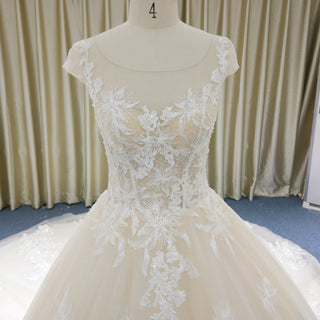 Gorgeous Light Champagne Ball Gown Wedding Dress with Cap Sleeve - Rosymae