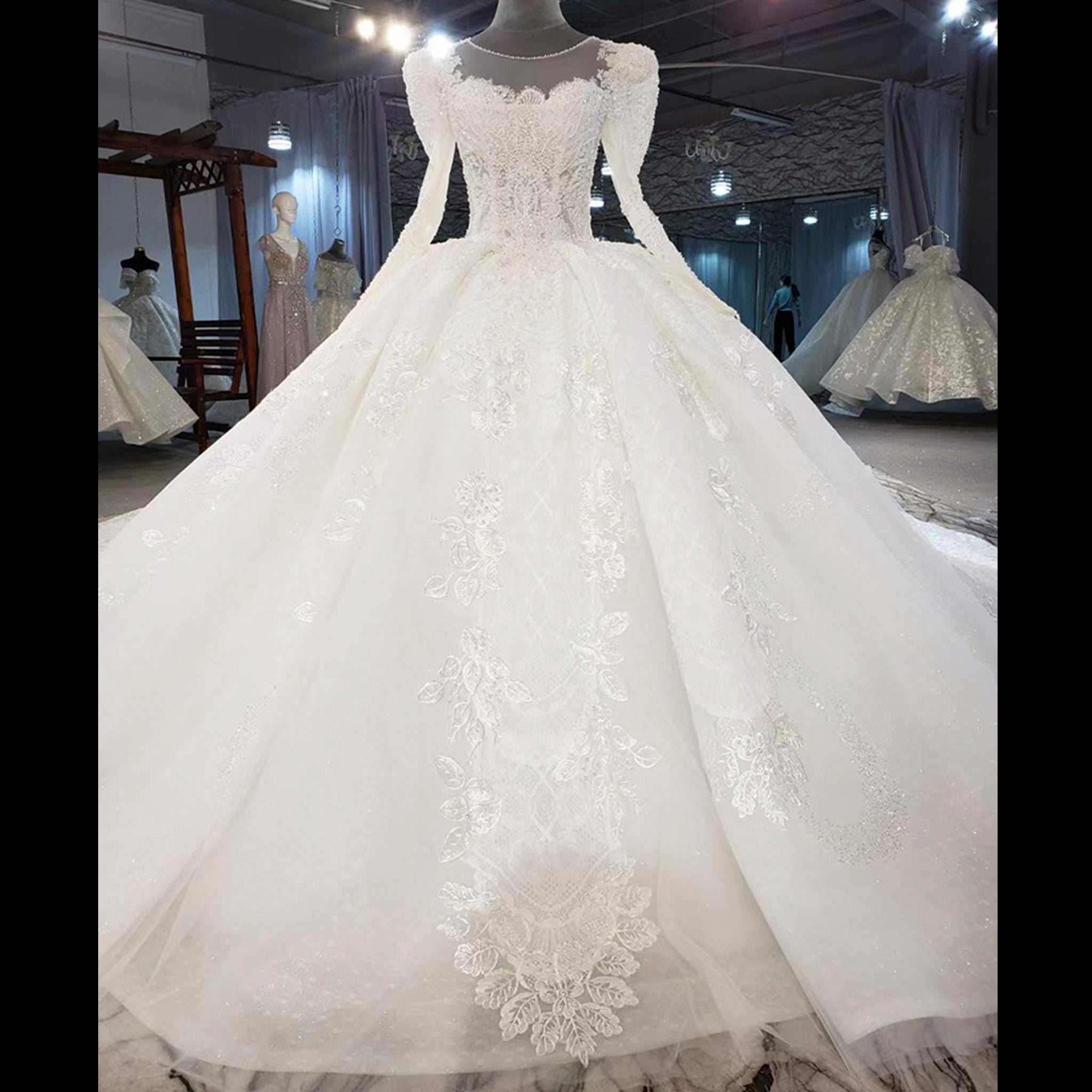 Gorgeous Long Sleeve Ball Gown Wedding Dress with Long Train - Rosymae