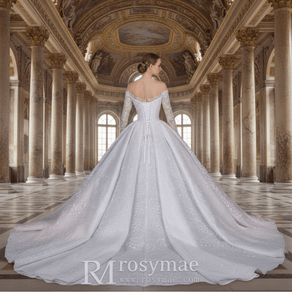 Gorgeous Long Sleeve Ballgown Wedding Dress with Plunging - Rosymae