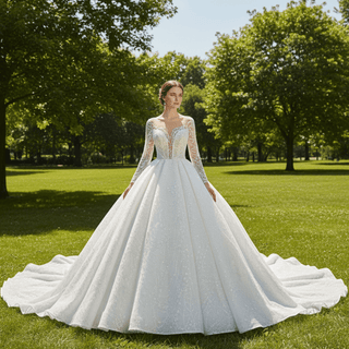 Gorgeous Long Sleeve Ballgown Wedding Dress with Plunging - Rosymae