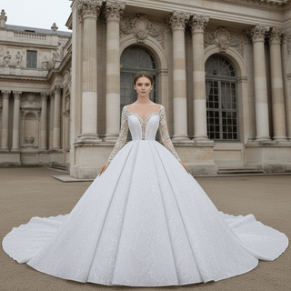 Gorgeous Long Sleeve Ballgown Wedding Dress with Plunging - Rosymae