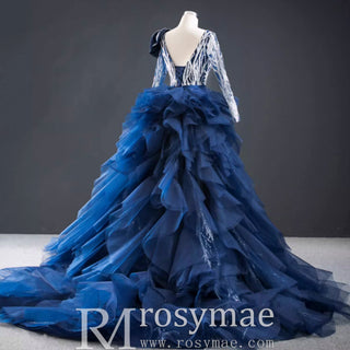 Gorgeous Long Sleeve Evening Dress Prom Gown with Detachable Train - Rosymae