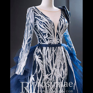 Gorgeous Long Sleeve Evening Dress Prom Gown with Detachable Train - Rosymae