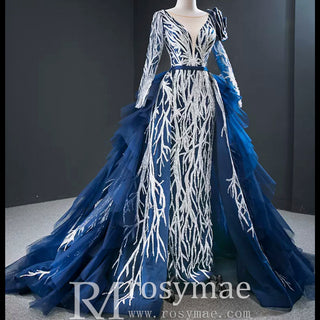 Gorgeous Long Sleeve Evening Dress Prom Gown with Detachable Train - Rosymae