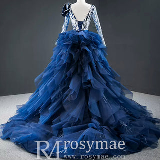 Gorgeous Long Sleeve Evening Dress Prom Gown with Detachable Train - Rosymae