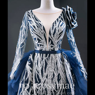 Gorgeous Long Sleeve Evening Dress Prom Gown with Detachable Train - Rosymae