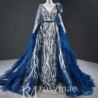 Gorgeous Long Sleeve Evening Dress Prom Gown with Detachable Train - Rosymae