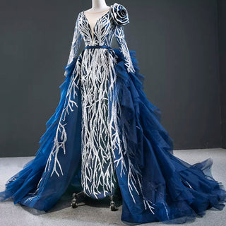 Gorgeous Long Sleeve Evening Dress Prom Gown with Detachable Train - Rosymae