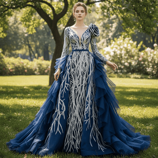 Gorgeous Long Sleeve Evening Dress Prom Gown with Detachable Train - Rosymae