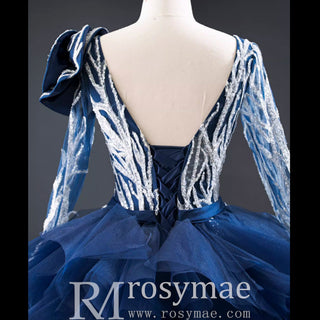 Gorgeous Long Sleeve Evening Dress Prom Gown with Detachable Train - Rosymae