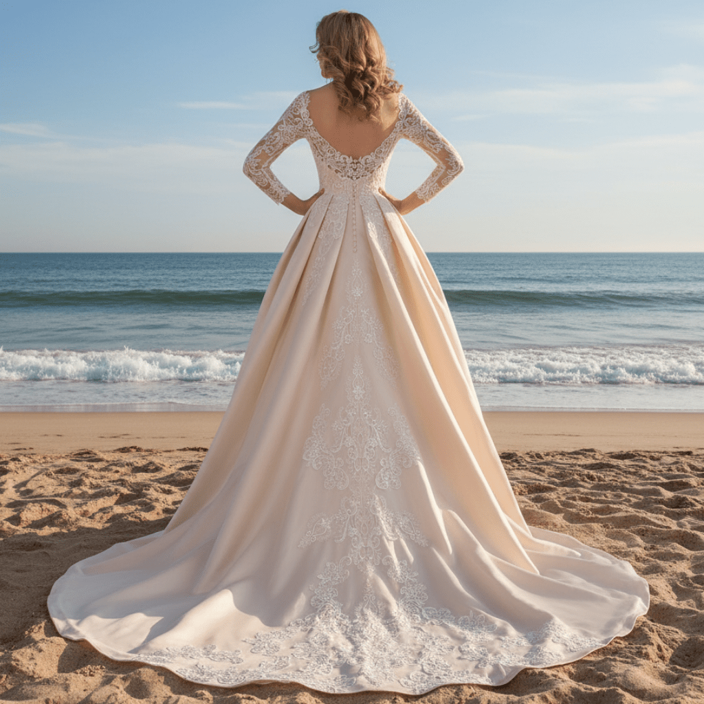 Gorgeous Long Sleeve Lace Satin A-Line Wedding Dress Champagne - Rosymae