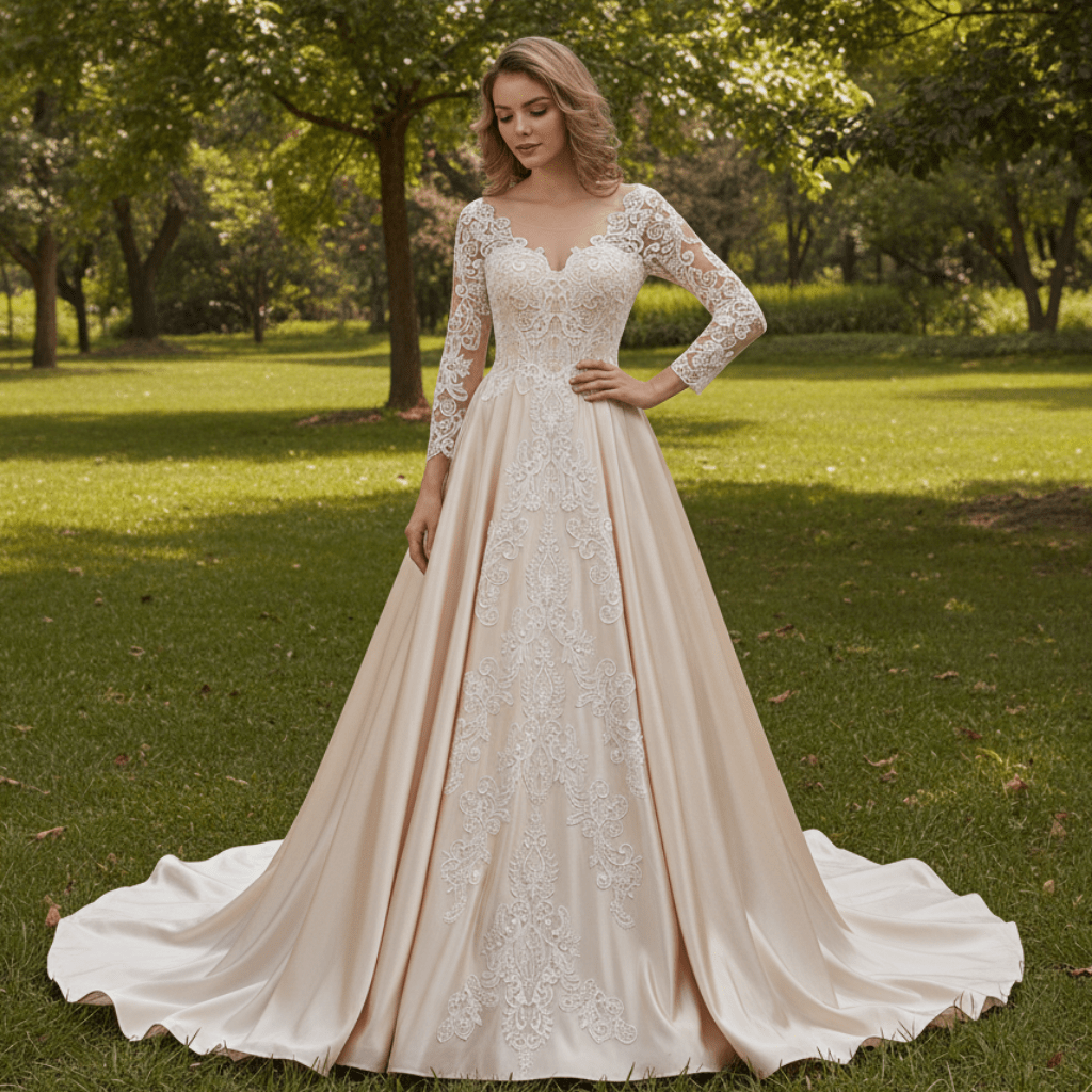 Gorgeous Long Sleeve Lace Satin A-Line Wedding Dress Champagne - Rosymae