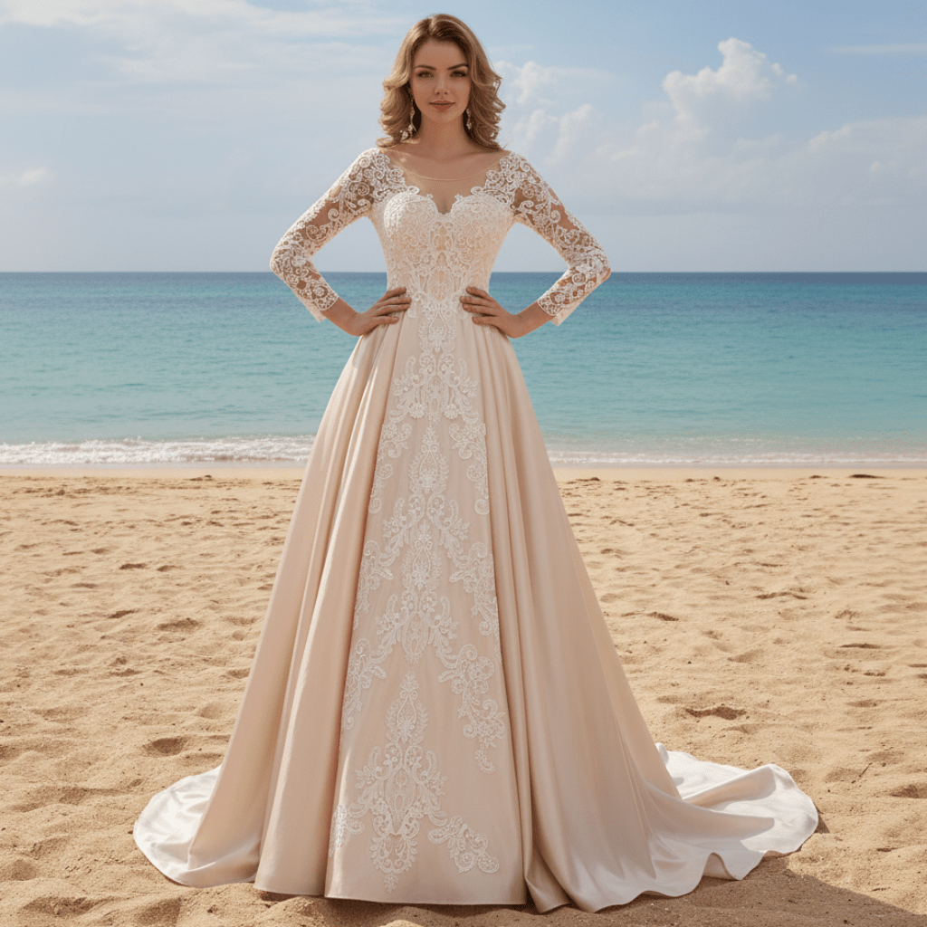 Gorgeous Long Sleeve Lace Satin A-Line Wedding Dress Champagne - Rosymae
