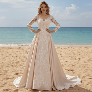 Gorgeous Long Sleeve Lace Satin A-Line Wedding Dress Champagne - Rosymae