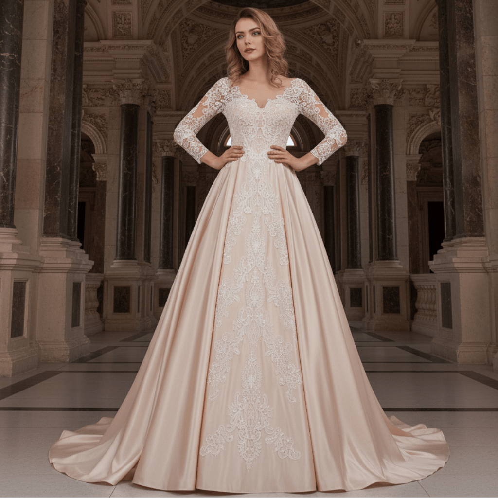 Gorgeous Long Sleeve Lace Satin A-Line Wedding Dress Champagne - Rosymae
