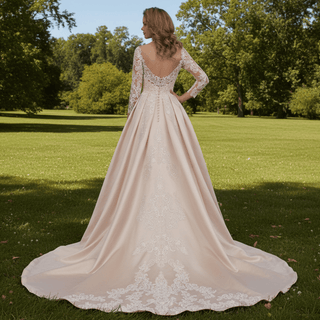 Gorgeous Long Sleeve Lace Satin A-Line Wedding Dress Champagne - Rosymae