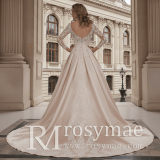 Gorgeous Long Sleeve Lace Satin A-Line Wedding Dress Champagne - Rosymae