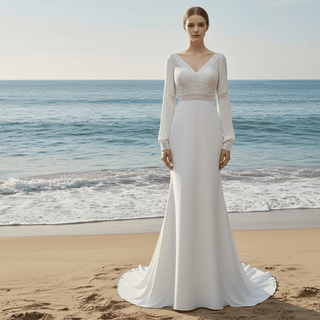 Gorgeous Long Sleeves V-Neck Mermaid Wedding Dress - Rosymae
